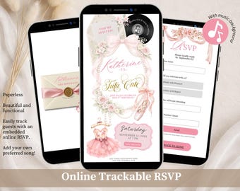 Bow and Pearl Tutu Cute Birthday Invitation, Blush Pink Floral Kids Birthday Invite, Ballerina Girl Birthday Editable Canva Website C83