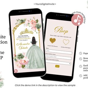 Elegant Princess Sage Green and Dusty Rose Quinceanera Invitation, Gold Crown XV Invitation, Pink Butterfly Mis Quince Años XV Mini Web A25