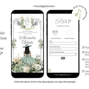 Sage Green Western Charra Quinceañera Mobile Invite, Sage Green Princess Sweet 16, Green Rose Crest Quince, Mis Quince Años XV Mini Web A19
