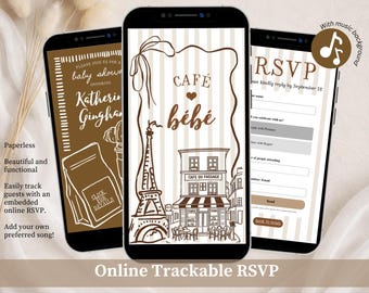 Invitación de baby shower con diseño caprichoso de café parisino dibujado a mano, invitación de baby shower con la Torre Eiffel, sitio web Canva Baby Shower francés C249