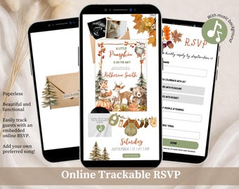 Pumpkin Forest Woodland Baby Shower Invitation, A Little Pumpkin Is On The Way Baby Shower, Autumn Fall Baby Shower Editable Canva Website