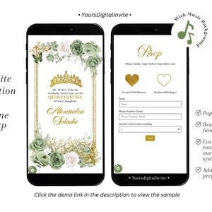 Elegant Sage Green Quinceañera Invitation, Sage Green Floral Girl Sweet 16th Party, Gold Crown Quince Tiara, Mis Quince Años XV Mini Web Q39