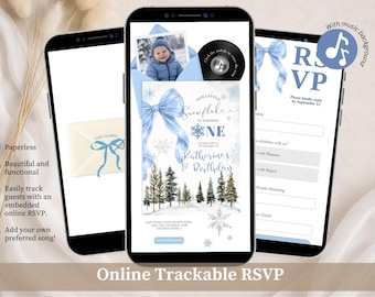 Dusty Blue Whimsical Bow Snowflake Birthday Invitation, Little Snowflake 1st Birthday, Christmas Theme Bierthday Editable Canva Website C258
