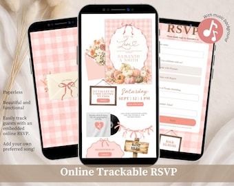Blush Pink Gingham Coquette Pumpkin Bridal Shower Invitation, Fall in Love Bridal Shower, Autumn Bridal Shower Editable Canva Website C255