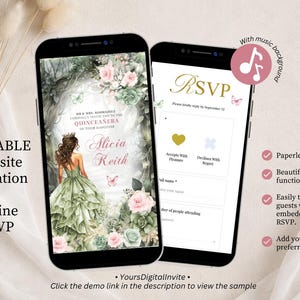 Salbei grün rosa wunderliche Wald Quinceanera Einladung, verzauberter Wald süß 16 einladen, Canva bearbeitbares Märchen Mis Quince XV A14