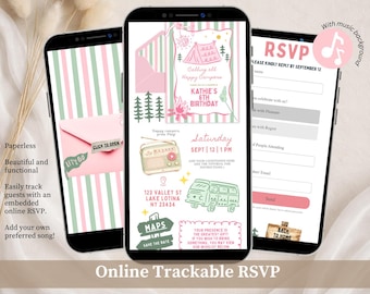 Whimsical Sage Pink Happy Campers Birthday Invitation, Glamping Girl Birthday Invite, Canva Website Adventure Campfire Kids Birthday C250