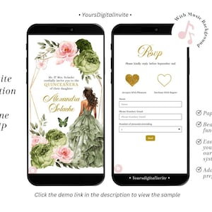 Blush Pink and Sage Green Mexican Princess Quinceañera Mobile Invite, Geometric Gold Crown Quince Tiara RSVP, Mis Quince XV Mini Web Q34