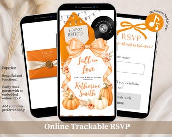 Fall Orange Bow Fall in Love Bridal Shower Invitation, Autumn Pumpkin Bridal Shower Invite, Floral Bride To Be Editable Canva Website C83