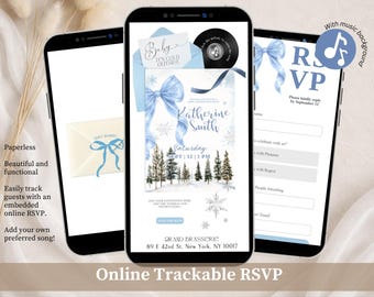 Whimsical Bow Winter Blue Baby Shower Invitation, It's Cold Outside Baby Shower, Editable Snowy Baby Shower Canva Website C258