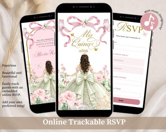 Invitación Quinceañera Coqueta Lazo Salvia Rosa, Invitación Dulce 16 Mariposa Floral Rosa, Canva Editable Mis Quince XV Años Mini Web RSVP A18