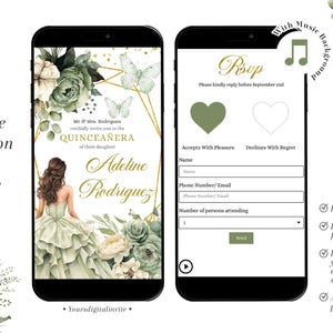 Fairytale Sage Green Floral Quinceañera Invitation, Gold Geometric Princess Mexican Girl Mini Website, Mis Años Quince XV Online RSVP A6