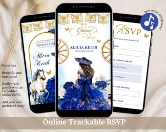 Invitación de quinceañera Charra azul marino, invitación de dulce 16 princesa mexicana, confirmación de asistencia Talavera floral, invitación de quinceañera estilo western editable en Canva A30