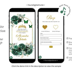 Emerald Green Mis Quince Años Invitation, Boho Gold Crown Quince, Green Butterfly Floral Rose Quince RSVP, Mis Quince Años XV Mini Web A17