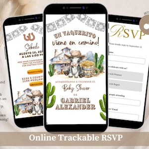 May include: Three smartphones displaying a digital baby shower invitation with a western theme. The screens show a cartoon calf wearing a cowboy hat, a rustic barn, cacti, and text including "Un Vaquerito Viene en camino" and "Gabriel Alexander".
