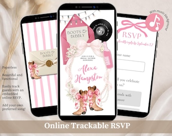 Boots and Bubbly Bridal Shower Invitation, Blush Pink Coquette Bow Bridal Shower Invite, Cowgirl Bride To Be Editable Canva Website C83