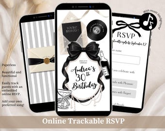 Black Coquette Bow and Pearl Birthday Invitation, Ribbon Adult Woman Birthday Invite, Elegant Minimalist Birthday Editable Canva Website C83