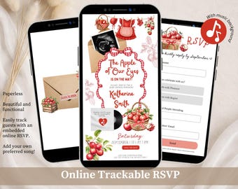 Red Gingham Apple Girl Baby Shower Invitation, The Apple Of Our Eye Baby Shower, Coquette Bow Baby Shower Canva Editable Website C168