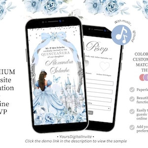 Dusty Blue Coquette Bow Fairytale Castle Quinceanera Invitation, Royal Palace Sweet 16th Invite, Blue Floral Butterfly Mis Quince XV Años A6