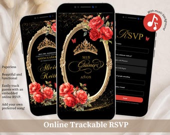Elegante Invitación Quinceañera de Rosas Negras y Rojas, Corona Dorada Mis Quince Años XV Anos, Canva Editable Floral Mariposas Dulce 16 A24