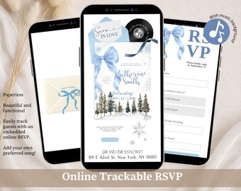 Whimsical Bow Winter Blue Bridal Shower Invitation, Snow In Love Bridal Shower, Christmas Theme Bridal Shower Editable Canva Website C258