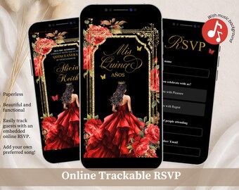 Invitación elegante de quinceañera con rosas rojas y burdeos, invitación floral de rosas y mariposas para dulces 16 años, invitación mini web de Canva para quinceañera XV QS1