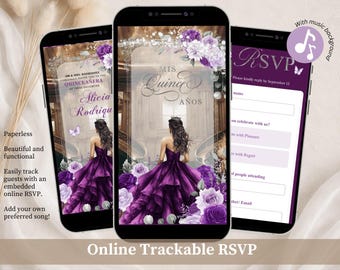 Royal Ballroom Dark Purple Princess Quinceanera Invitation, Lilac Floral Princess Sweet 16th Invitación, Canva Editable Mis Quince Años XV A10