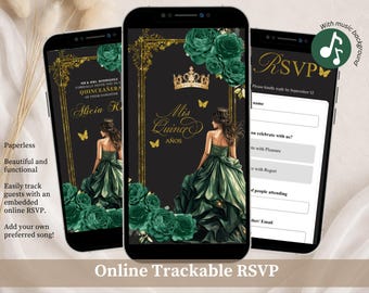 Convite digital para festa de debutante em tons de dourado e verde esmeralda, confirmação de presença com coroa dourada, convite floral verde esmeralda para 15 anos, arquivo editável no Canva para "Mis Quince Años XV" tamanho A9.
