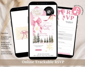 Whimsical Bow Winter Pink Baby Shower Invitation, It's Cold Outside Baby Shower, Editable Snowy Baby Shower Canva Website C258