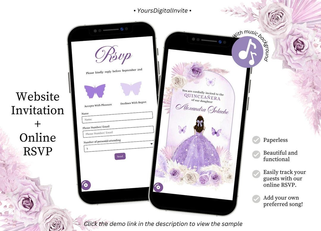 Purple Boho Digital Quinceañera Invitations, Purple Floral Butterfly XV ...