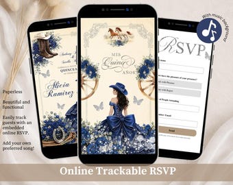Invitación de quinceañera Charra estilo western azul marino, invitación de princesa mexicana para dulces 16 años, Canva Mini Web Elegant Floral Mis Quince XV Años C1Q