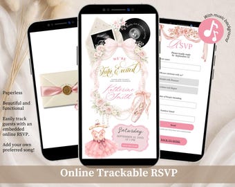 Bow and Pearl Tutu Excited Baby Shower Invitation, Blush Pink Floral Baby Shower Invite, Ballerina Mom To Be Editable Canva Website C83