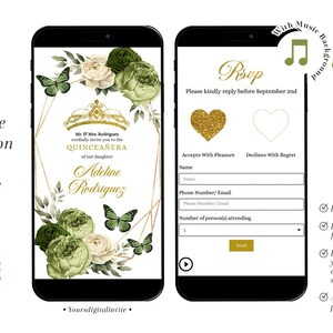 Floral Butterfly Sage Green Princess Quinceañera Invitation, Gold Crown Quince Tiara 16th Mexican Girl RSVP, Mis Quince XV Años Mini Web Q34