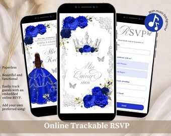 Invitación elegante azul real para quinceañera de princesa, invitación de cuento de hadas azul marino para dulces 16 años, invitación editable de mariposa para mis quince años XV en Canva A22