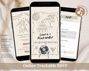 Invitación de boda móvil dibujada a mano, Invitación de boda manuscrita con ilustraciones estilo garabato, Boda divertida con champán, Suite de boda para sitio web Canva A1