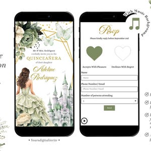 Fairytale Castle Sage Green Floral Quinceañera Invitation, Gold Geometric Princess Mexican Girl Mini Website, Mis Años Quince Online RSVP A6