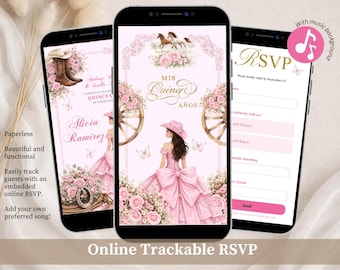 Blush Pink Western Charra Quinceanera Invitation, Mexican Princess Sweet 16th Invite, Canva Mini Web Elegant Floral Mis Quince XV Anos C1Q