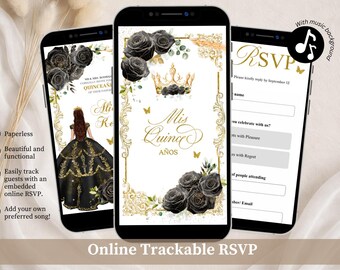 Invitación elegante de quinceañera de princesa negra, confirmación de asistencia de quinceañera de cuento de hadas negro, invitación floral de rosas y mariposas XV, Canva Mis Quince Años XV A22
