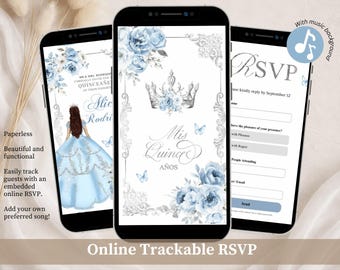 Invitación elegante azul claro para quinceañera, invitación azul de cuento de hadas para los dulces 16 años, invitación editable de Canva con mariposas florales Mis Quince Años XV A22