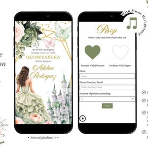 Fairytale Castle Sage Green Princess Quinceañera Invite, Blush Pink Floral Butterfly Quince Girl Mini Website, Mis Años XV Online RSVP A6