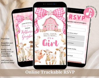 Invitación para baby shower de niña con lazo de cuadros rosas y temática de animales de granja, ¡Oink, Cluck, Baa y Moo! Invitación de cumpleaños, Canva Webs. Cumpleaños estilo granja C253