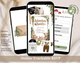 Adventure Awaits Forest Woodland Animals Baby Shower Invitation, Baby Clothes Clothesline Boy Baby Shower, Editable Canva Website C262