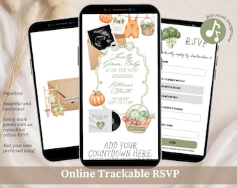 Autumn Fall Pumpkin Locally Grown Baby Shower Invitation, Vegetables Baby Shower Invite, Sage Green Mom To Be Editable Canva Website C266