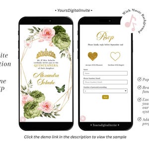 Geometric Blush Pink and Sage Green Quinceañera Invitation, Gold Crown Quince Tiara, Sage Butterfly  RSVP, Mis Quince Años XV Mini Web Q34