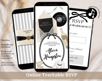 Black Pjs and Prosecco Bachelorette Invite, Black Bow Pajamas Weekend Itinerary, Champagne Slumber Bachelorette Canva Editable Website C83