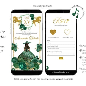 Emerald Green Western Charra Quinceañera Mobile Invite, Emerald Princess Sweet 16, Green Rose Crest Quince, Mis Quince Años XV Mini Web A19
