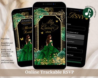 Invitación elegante de Mis Quince Años con rosas negras y verde esmeralda, invitación floral de rosas y mariposas XV, invitación de quinceañera Canva Mini Web QS1