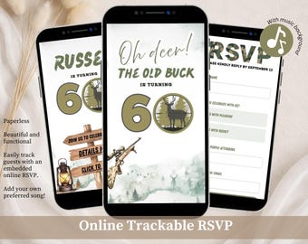 ¡Oh, ciervo! Invitación de cumpleaños para adultos con temática de camuflaje de caza, Invitación de cumpleaños para el viejo ciervo que cumple 60 años, Canva Mini Web Tema de caza Cumpleaños C138