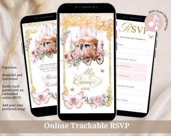 Invitación de quinceañera de carruaje real de cuento de hadas rosa rubor, cresta floral del reino dulce 16a invitación, Canva editable Mis Quince Años XV A20