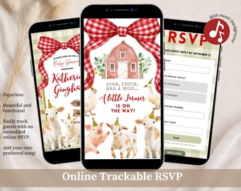Invitación para baby shower con lazo de cuadros rojos y temática de animales de granja, ¡Oink, Cluck, Baa y Moo! Invitación de cumpleaños, Canva Webs. Cumpleaños estilo granja C253