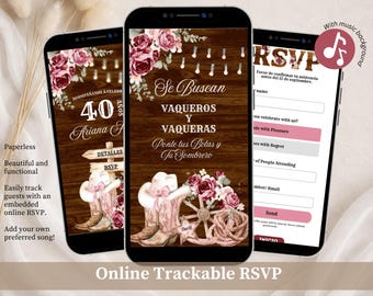 Invitación de cumpleaños rústica española color borgoña ruborizada para mujer adulta, invitación de cumpleaños vaquera floral, sitio web Canva Western Birthday C13